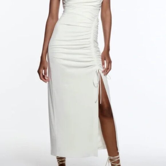 Zara White Midi Dress Ruched with Slit Bodycon Size S/M - Picture 2 of 3